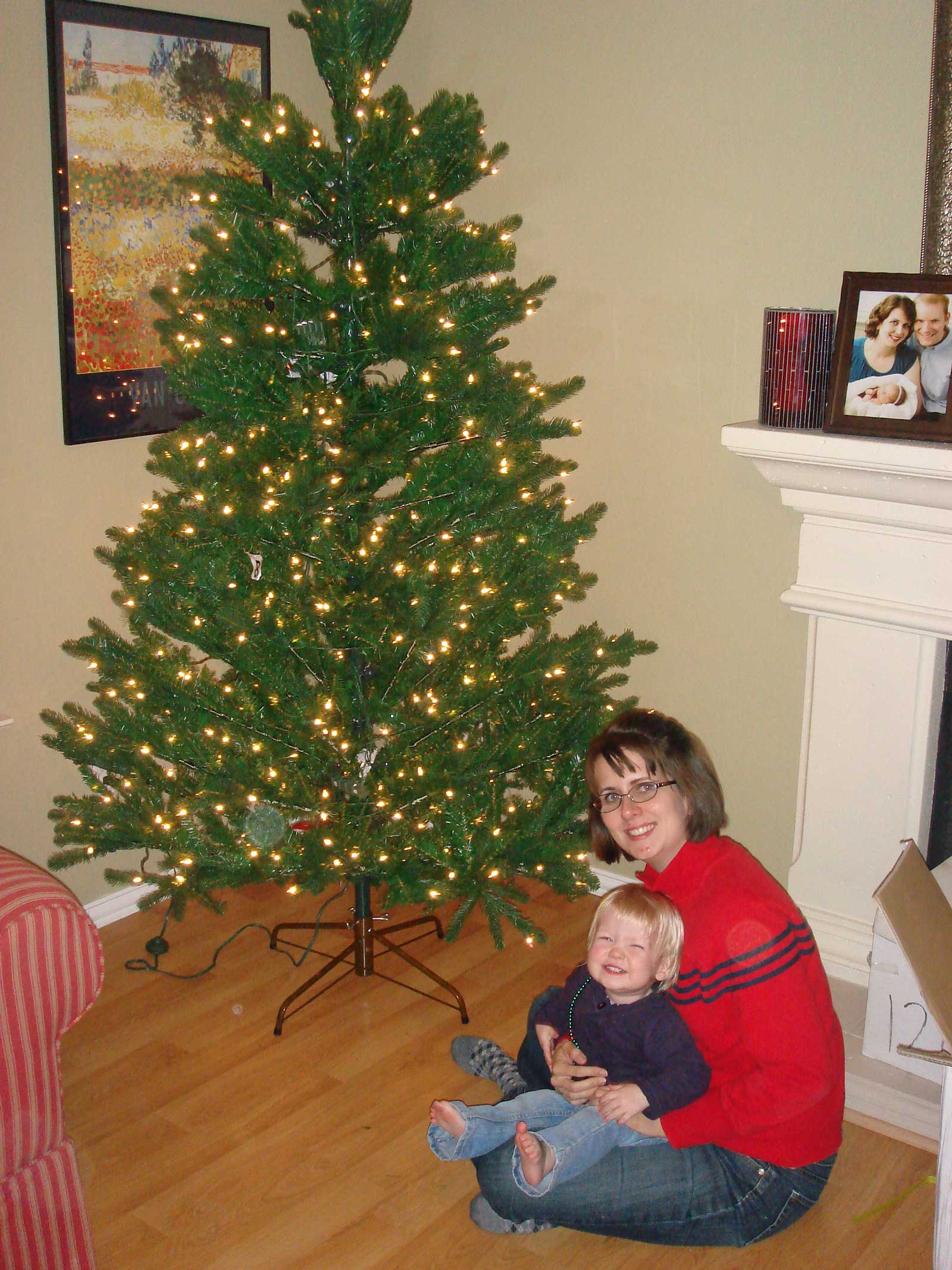 Rebecca, Emily, and our Christmas tree